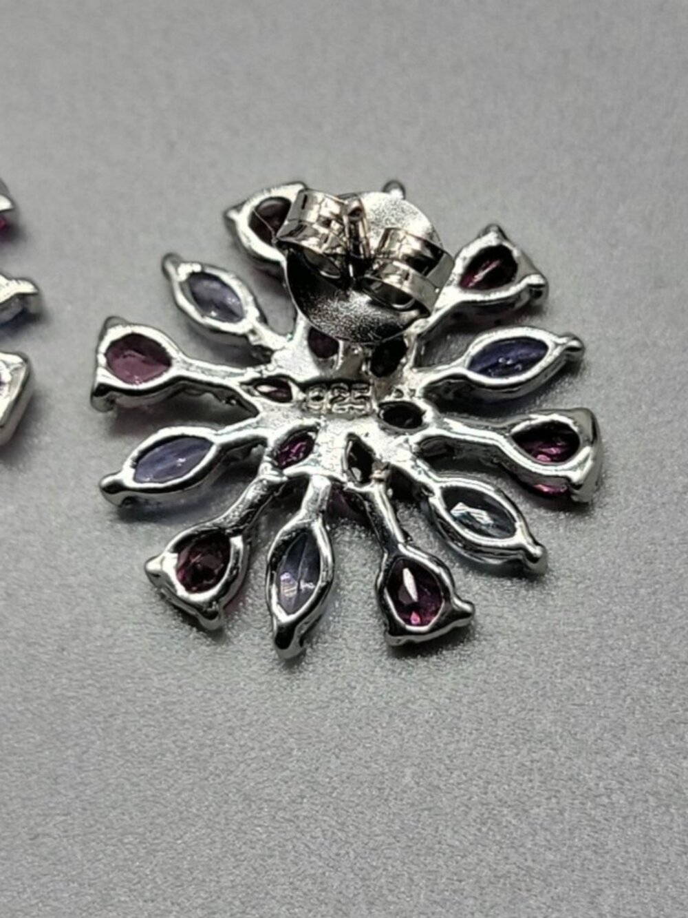 Sterling Silver Tanzanite Rhodolite Garnet Snowflake Starburst Cluster Earrings - Picture 9 of 10